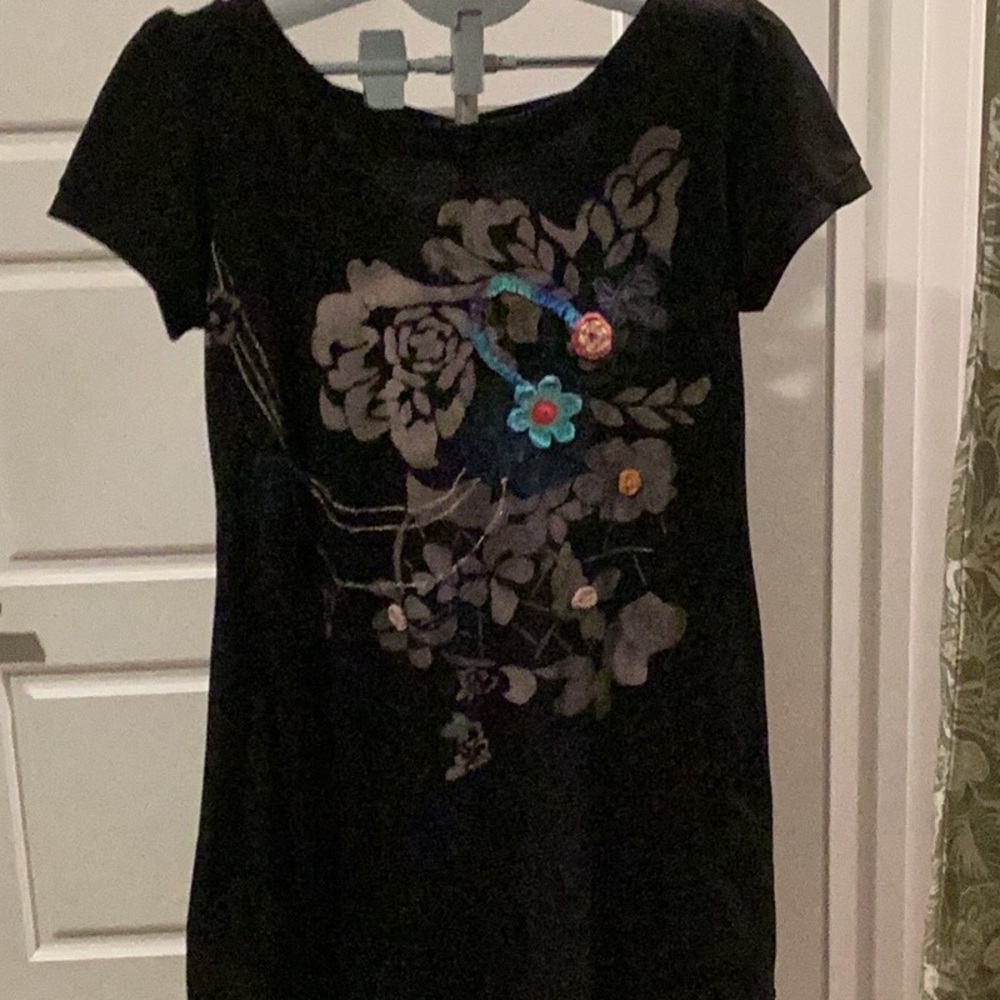 Crazy fish Floral Embroidered Black beach coverup